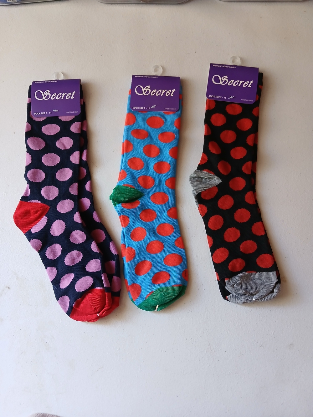 Polka Dot Crew Socks - Black/Red, Navy/Pink, Blue/Red ( Bag B )
